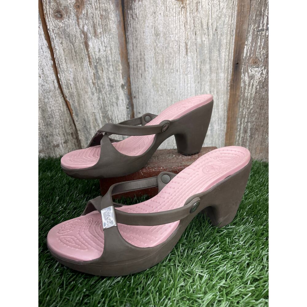 Crocs Cyprus Block Heel Platform Sandals Brown Pink Women's 10